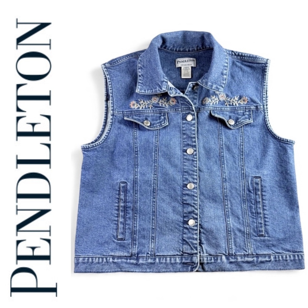 Pendleton Denim Vest Womens Large Blue Embroidered Beaded Floral Cowgirl Western